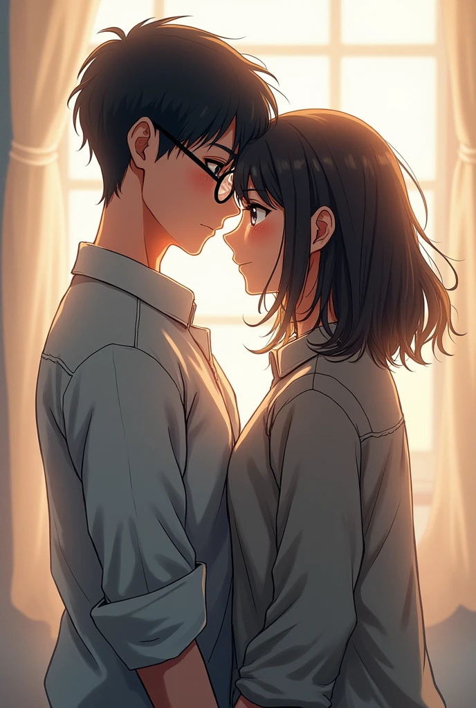 a couple, A boy with black hair, black eyes and glasses and the girl with shoulder-length black hair, with brown eyes , that they have their backs, realistic drawing style
