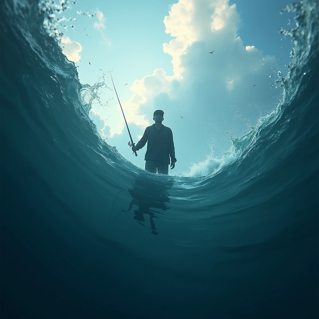 Looking up from in the water, the surface of the water looking up is shaking, the shadow of a fisherman,