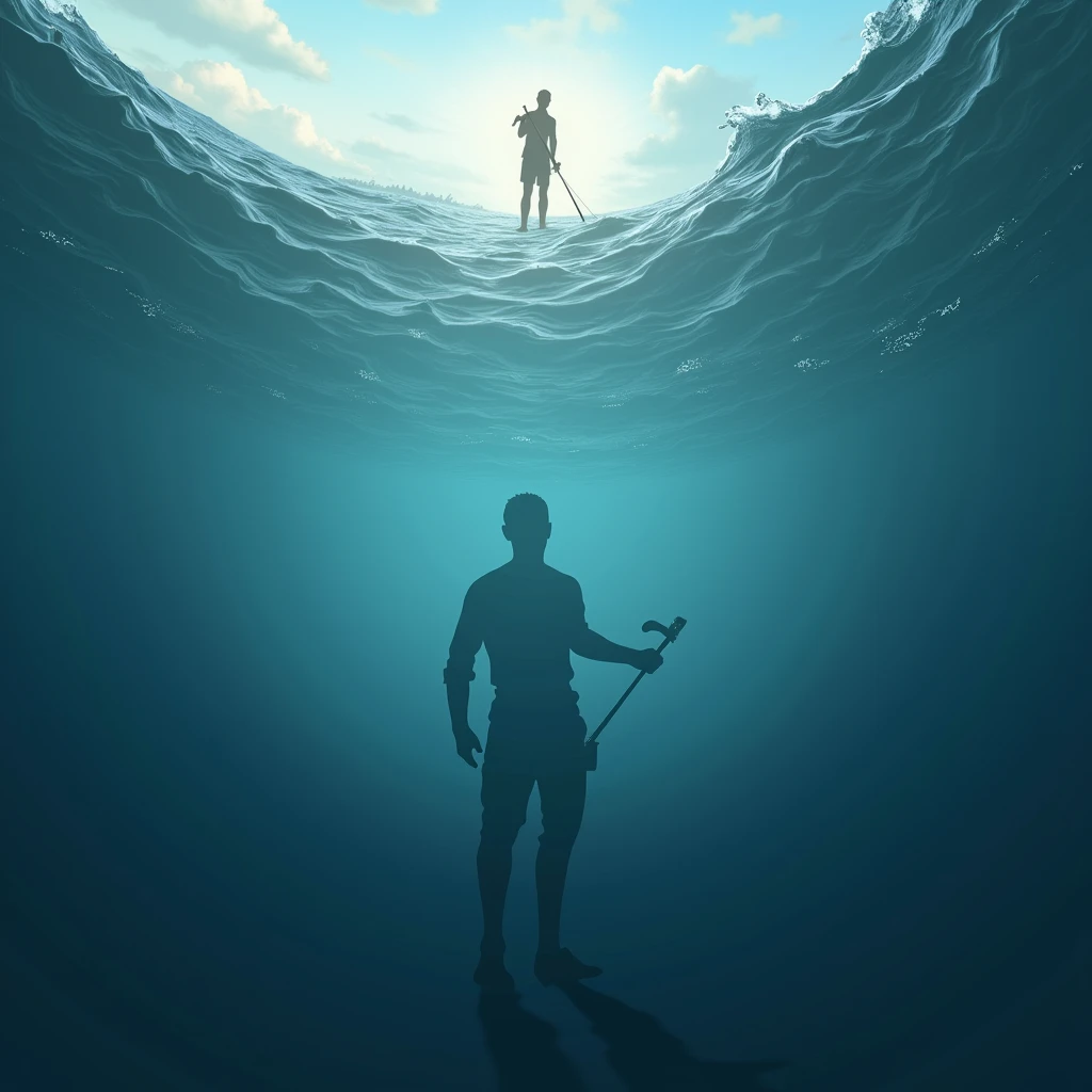 Looking up from in the water, the surface of the water looking up is shaking, the shadow of a fisherman,