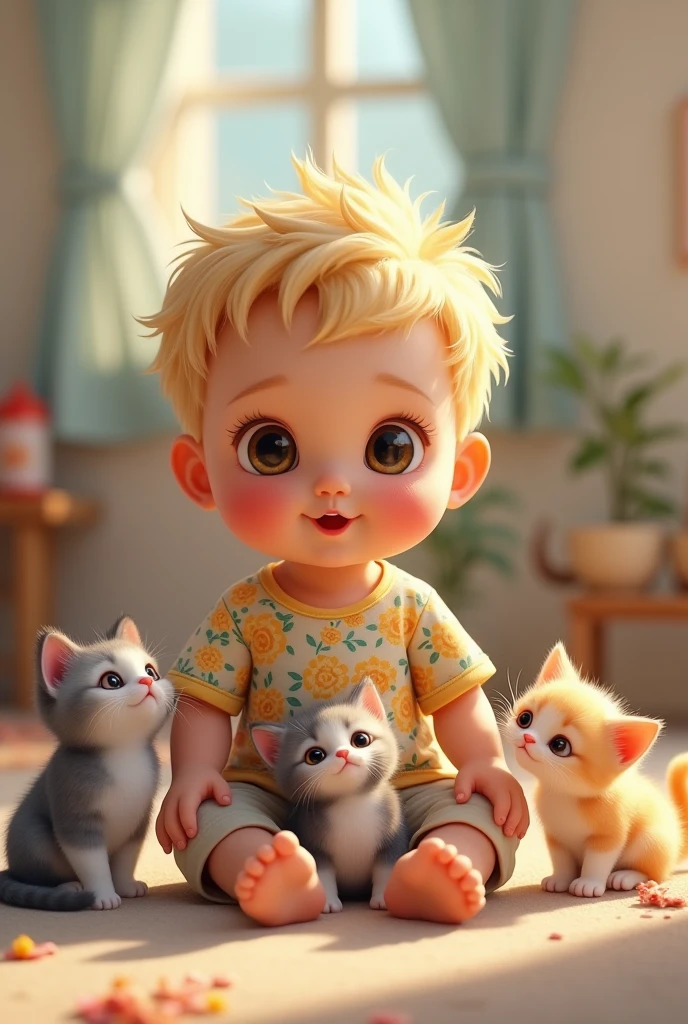 Raising a baby , with slanted eyes, like the orientals, with blond hair, wearing a floral print shirt, with some kittens around him.