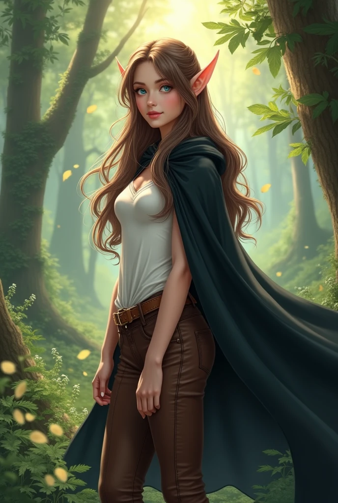 Sweet Elf woman with brown hair, brown pants and white tunica in the forest. Young woman. Black cape. elf ears. Anime realystic style. Black cape. Brown leather pants. Blue eyes. Straight hair. Looks sweet and beautyful. Cape in black
