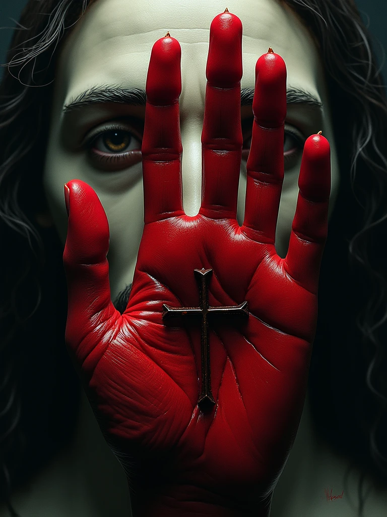 thumb print with a cross in the middle, blood-colored print, with the face of Christ in the background.