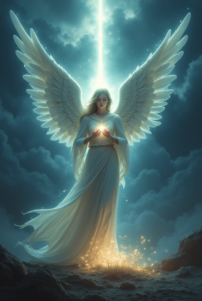 Design an awe-inspiring, hyperrealistic image for the 'Three of Lights' card in the Lumen Angelis Tarot deck, drawing inspiration from the Rider-Waite's Three of Swords. In this card, an angel stands at the forefront, a figure of immense power and grace, with wings that stretch wide and shimmer like the northern lights. The angel’s expression is serene yet solemn, capturing the weight of sorrow and the possibility of healing.

Piercing through the heart of this angel are three radiant beams of light, crossing at its center. These beams, representing the traditional swords, glow with an intense, otherworldly brilliance. The light creates a delicate halo around the angel, symbolizing the purity and the transcendence of pain. The angel's robes are detailed with patterns of stars and galaxies, flowing as if they are woven from the fabric of the cosmos.

In the background, dark, tumultuous clouds swirl ominously, yet they are parted by shafts of divine light breaking through, symbolizing hope amidst despair. Drops of glowing, ethereal light fall from the beams, resembling tears of energy, and they ripple as they touch the ground, creating a sense of movement and life in the scene. The landscape below is barren, a reflection of desolation, but small, luminescent flowers begin to bloom where the tears of light touch, indicating the potential for renewal and growth.

The overall atmosphere should evoke the deep emotional resonance of the original Rider-Waite card, capturing the essence of heartbreak and the divine light that guides one through it.