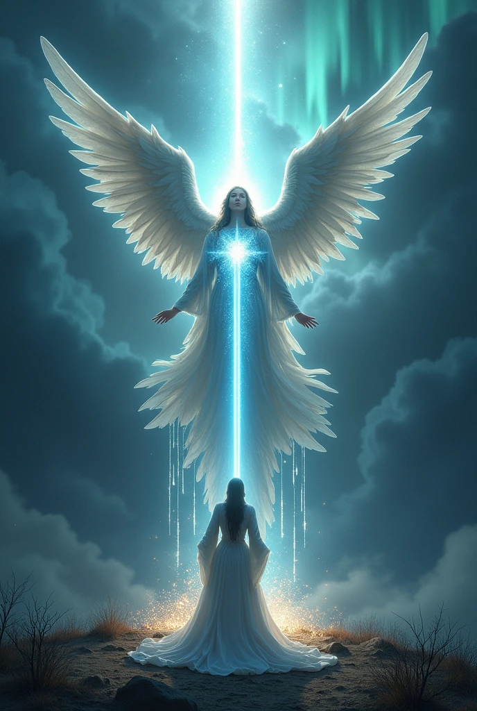 Design an awe-inspiring, hyperrealistic image for the 'Three of Lights' card in the Lumen Angelis Tarot deck, drawing inspiration from the Rider-Waite's Three of Swords. In this card, an angel stands at the forefront, a figure of immense power and grace, with wings that stretch wide and shimmer like the northern lights. The angel’s expression is serene yet solemn, capturing the weight of sorrow and the possibility of healing.

Piercing through the heart of this angel are three radiant beams of light, crossing at its center. These beams, representing the traditional swords, glow with an intense, otherworldly brilliance. The light creates a delicate halo around the angel, symbolizing the purity and the transcendence of pain. The angel's robes are detailed with patterns of stars and galaxies, flowing as if they are woven from the fabric of the cosmos.

In the background, dark, tumultuous clouds swirl ominously, yet they are parted by shafts of divine light breaking through, symbolizing hope amidst despair. Drops of glowing, ethereal light fall from the beams, resembling tears of energy, and they ripple as they touch the ground, creating a sense of movement and life in the scene. The landscape below is barren, a reflection of desolation, but small, luminescent flowers begin to bloom where the tears of light touch, indicating the potential for renewal and growth.

The overall atmosphere should evoke the deep emotional resonance of the original Rider-Waite card, capturing the essence of heartbreak and the divine light that guides one through it.