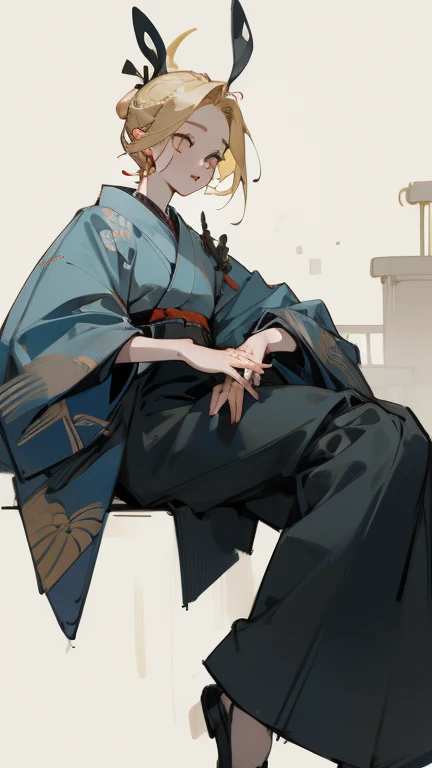 (masterpiece, Highest quality) detailed, wear black tights, Blue Accessories ,blonde ,elegant, Soft ears，Short Hair,If you want me，kimono，big ，edgBunny，19 Girl