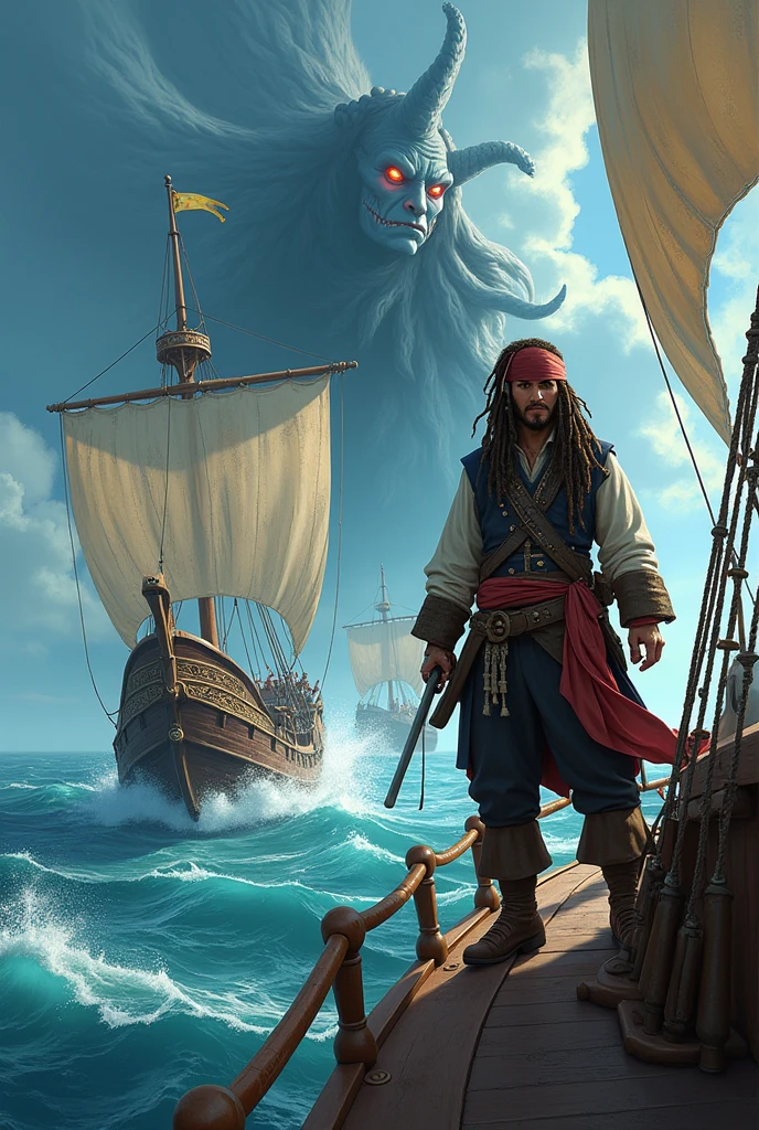 An image of Portuguese caravels with Jack Sparow and Ursula, villain of the little mermaid
