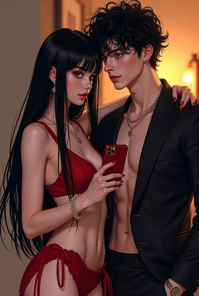 Make a teenage girl with long black straight hair, high,  wealthy, White skin, with provocative clothing and next to her her friend a teenage male, homosexual, high, black curly hair, pale skin, wealthy with iphone