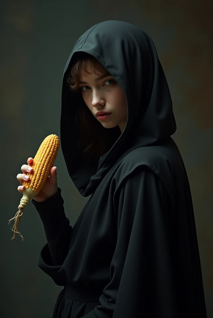 A young lady in a black hood with a corncob in her hand 