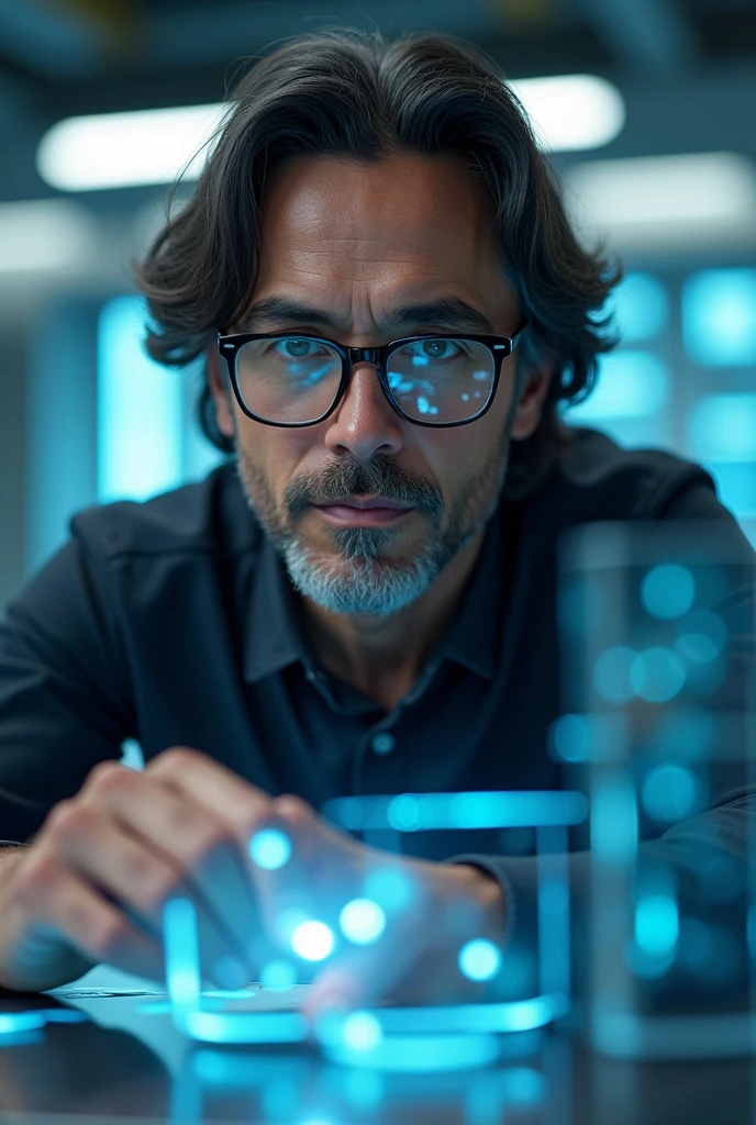 A brown Brazilian man, long hair and glasses, in a technology scenario,