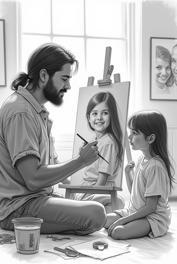 Man drawing his family. black andwhite