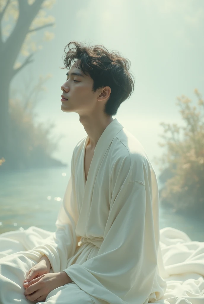 A young man in a white robe, White skin, wavy black hair, small stature and full body