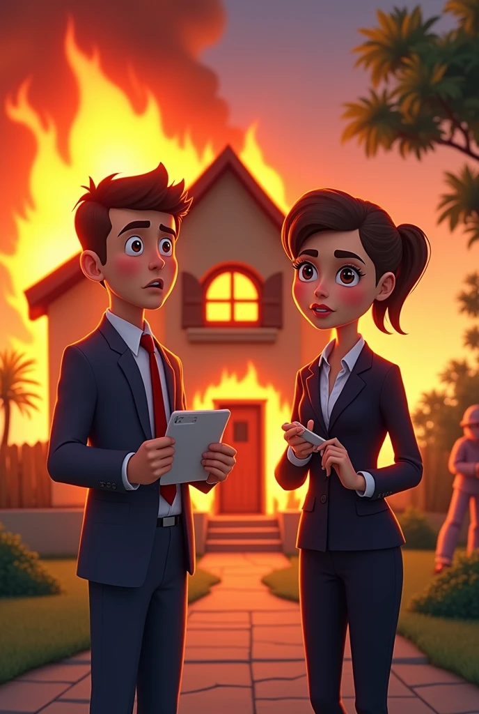 Image of a newscast being played and there are two news anchors with a background in which a cartoon house is burning