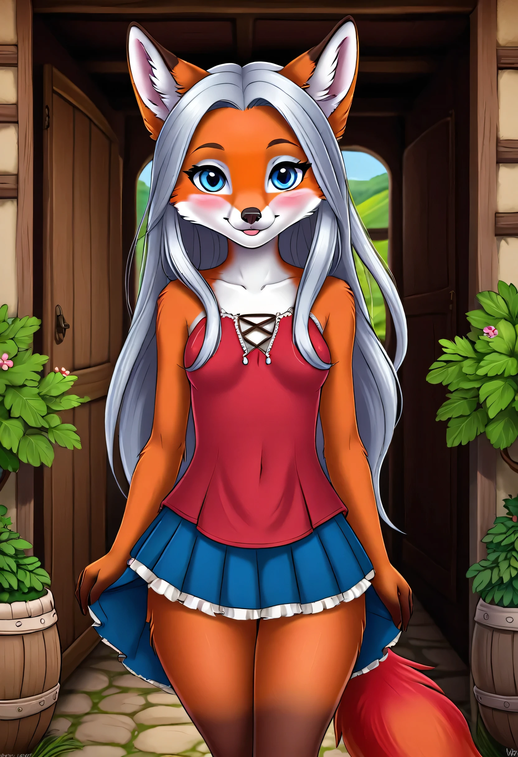 A red fox girl named Vixen, her fur is red colored, her long hair is silver, and her eyes are blue. She has a curvy body and small budding breasts. She is wearing villagers clothing. Vixen wants to mate with viewer causing her to blush. She is welcoming the viewer home.