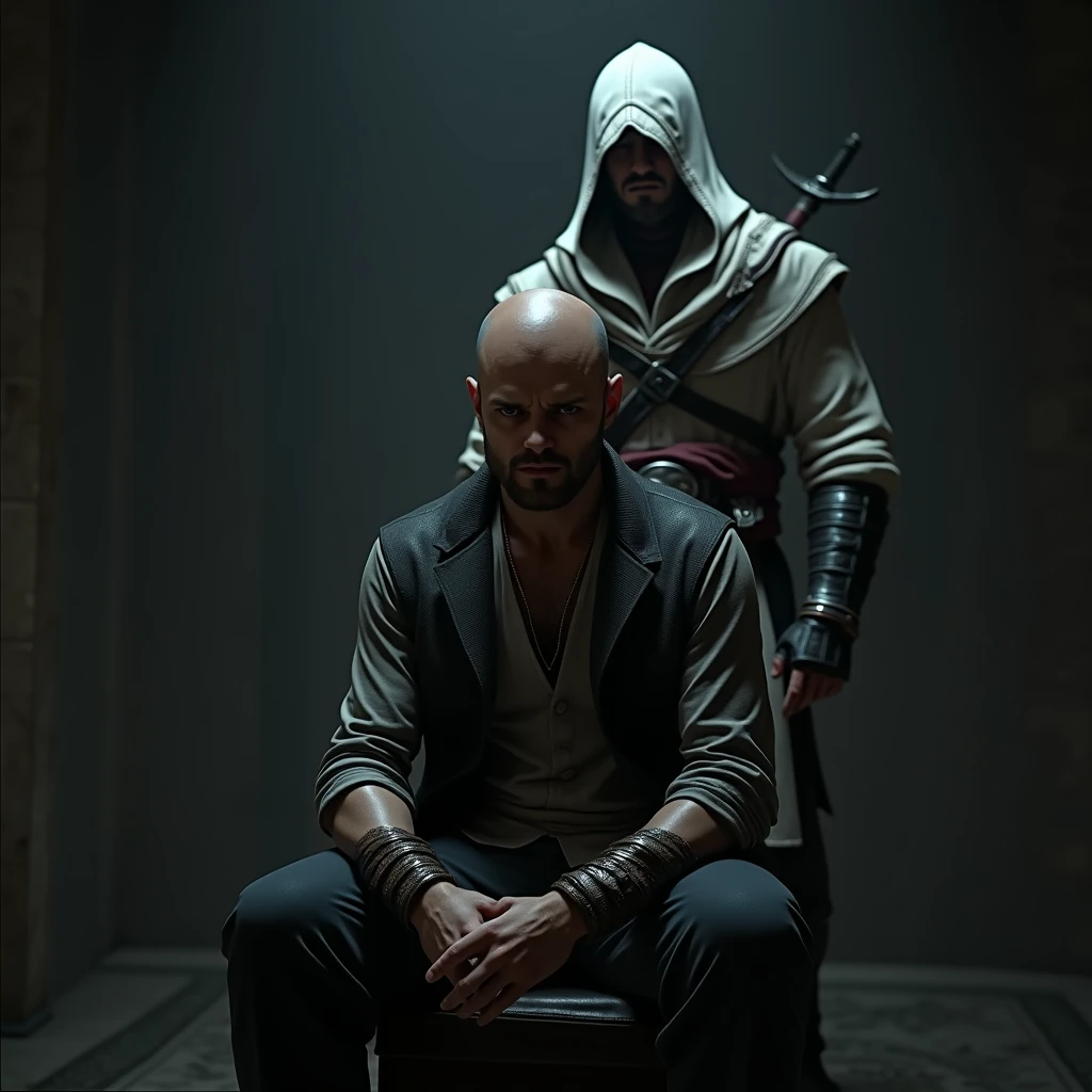 homme chauve asis avec un assassin's creed altair debout derriere lui avec sa lame secrete