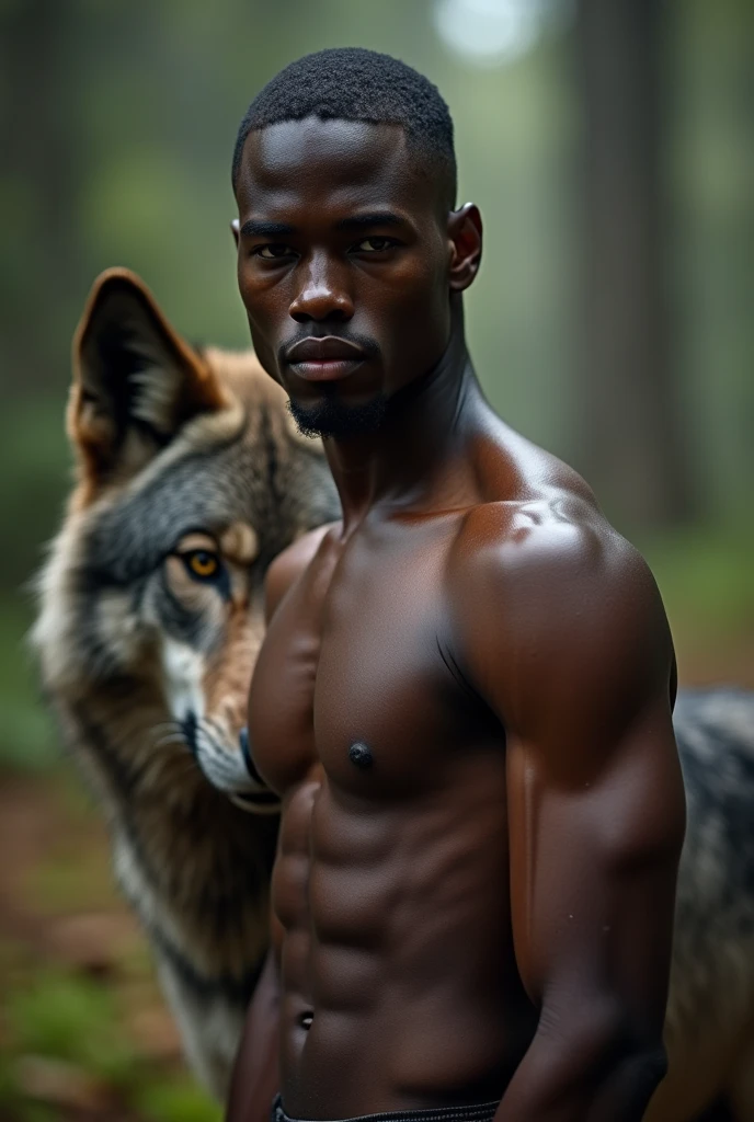Handsome skinny black man shirtless, short hair with wolf in the background 