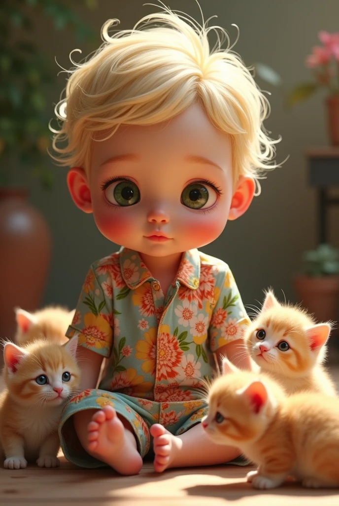Creating a baby with royal features, with slanted eyes, like the orientals, with blond hair, wearing a floral print shirt, with some kittens around him.