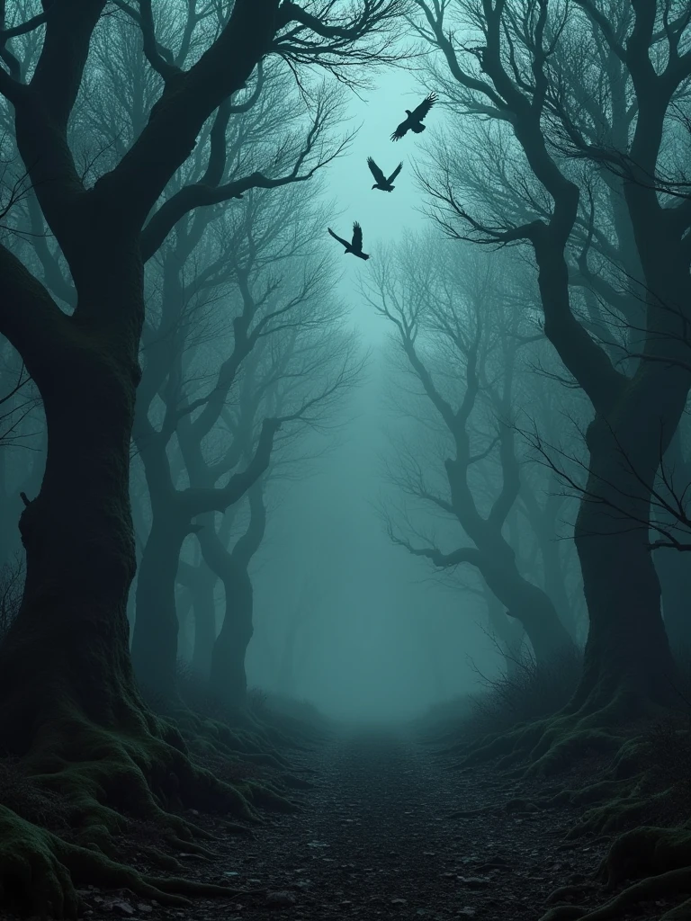 A spooky forest at night, ultra-detailed with ghostly lights, Mist and crows flying, hrgiger style