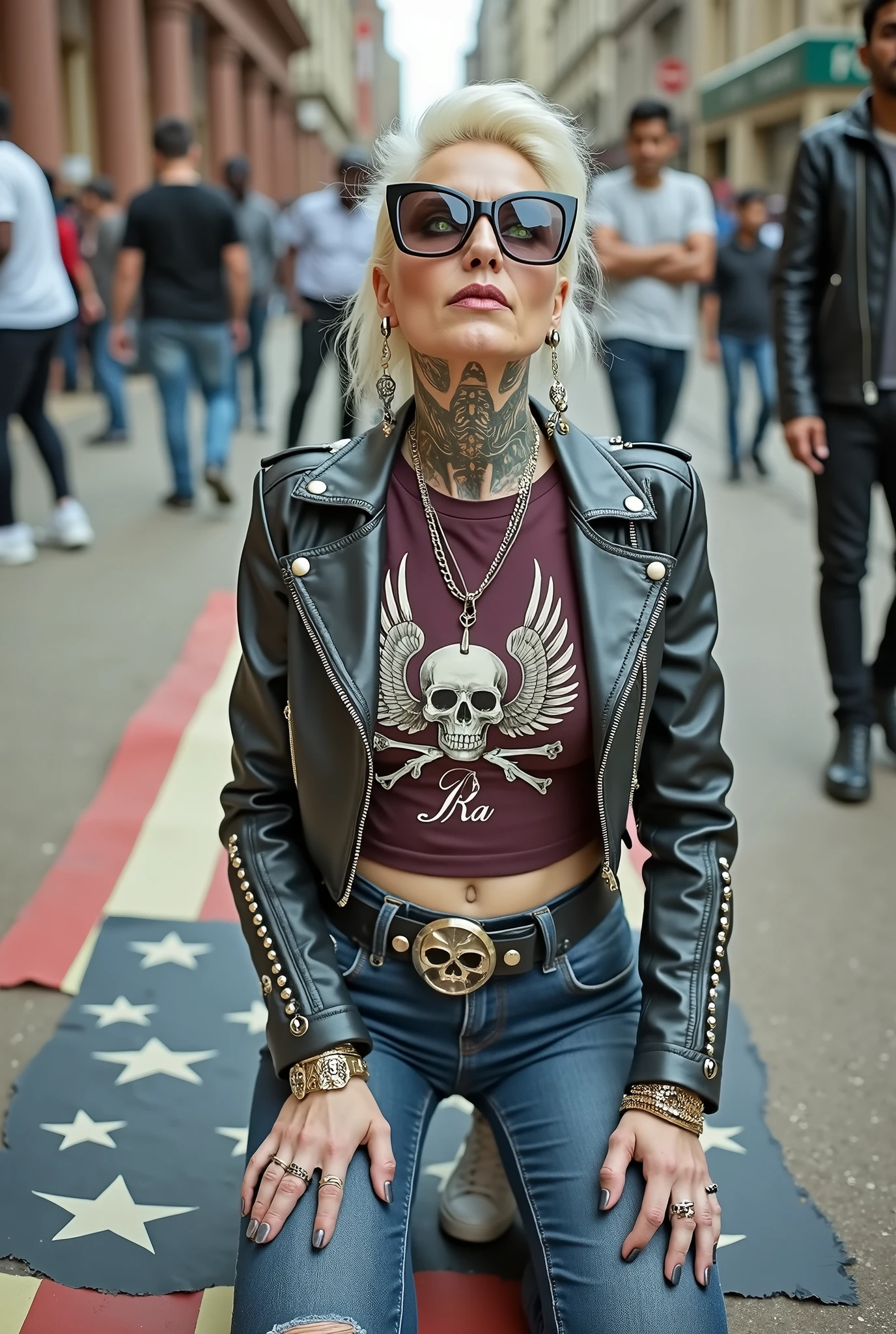 Anglosaxon old woman, , blonde platinum hair (beehive bun) and oversized square sunglasses as headband), with very light green eyes, extremely pale. Wearing studded cropped black moto jacket (zippers on the side. Cropped dark burgundy push up t-shirt with skull and wings logo and gothic lettering,, dark grey skinny low rise jeans with holes on knees .White tennis sneakers. Lots of thick wide studded bracelets, chain collars and big rings. Tacky wide studded leather belt, with big skull and bones round buckle. Long earrings with chains. Kneeling on a large ragged usa flag, looking at the photographer. Craving, sensual face. Hands on knees. Trash on the floor. Looking at the camera, Toned abdominals, thin neck, slim legs and thin arms. Neck, chest, belly, hands and arms completely tattoed. Street of Nairobi, crowded with standing people