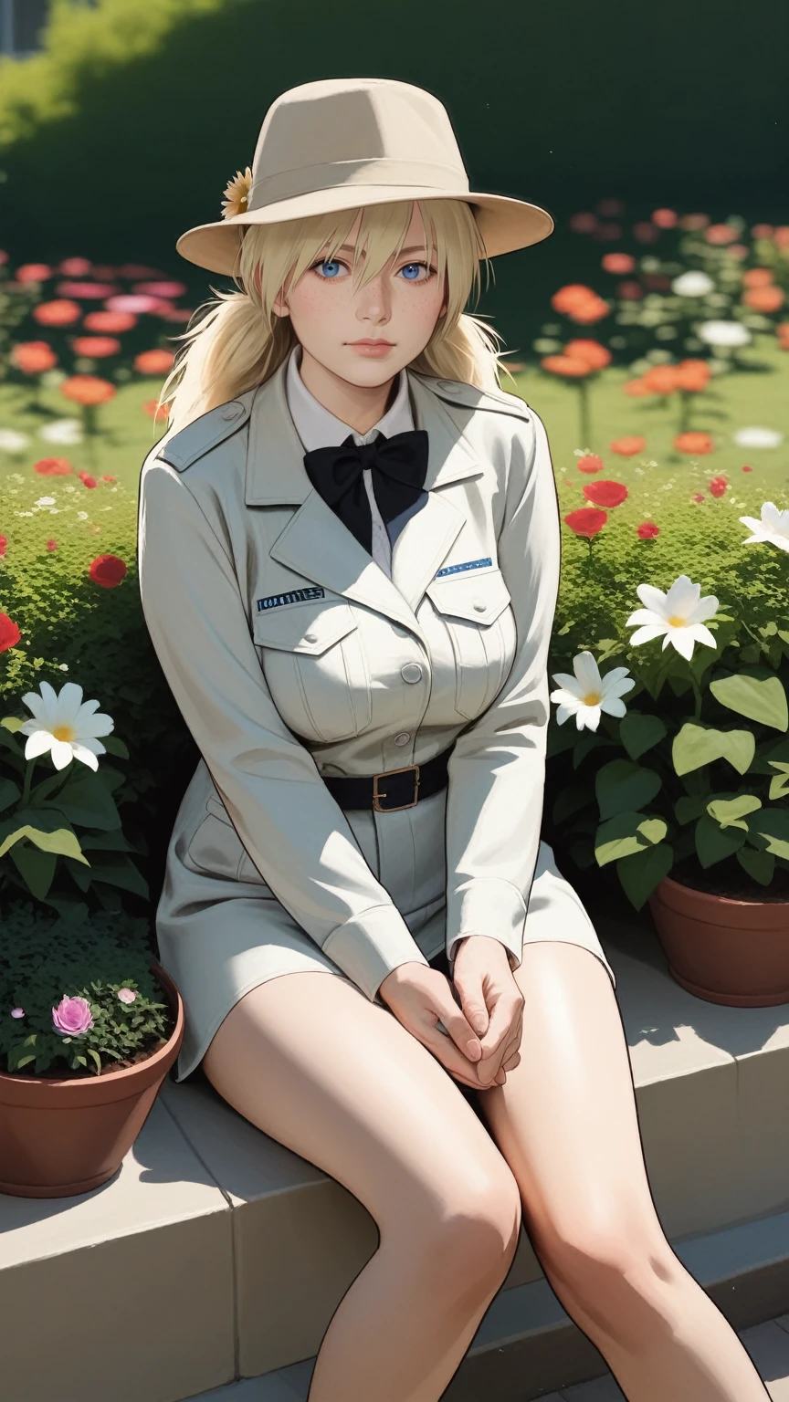 score_9, score_8_up, score_7_up, BREAK, rating_safe, zy_mirabel, 1girl, hat, flower, blonde hair, freckles, hat flower, large breasts, blue eyes, sit, garden, realistic, photo, real hair, detailed skin, highly detailed, detailed skin, depth of field, film grain,animation, ikuchan, hellsing 