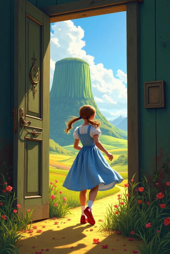 Dorothy gale, stepping out of her farmhouse, that just landed in thd land of Oz, after being carried away by a tornado