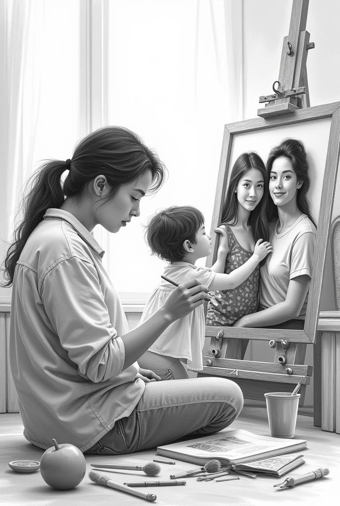 Man artist drawing his family. realistic drawing. black andwhite