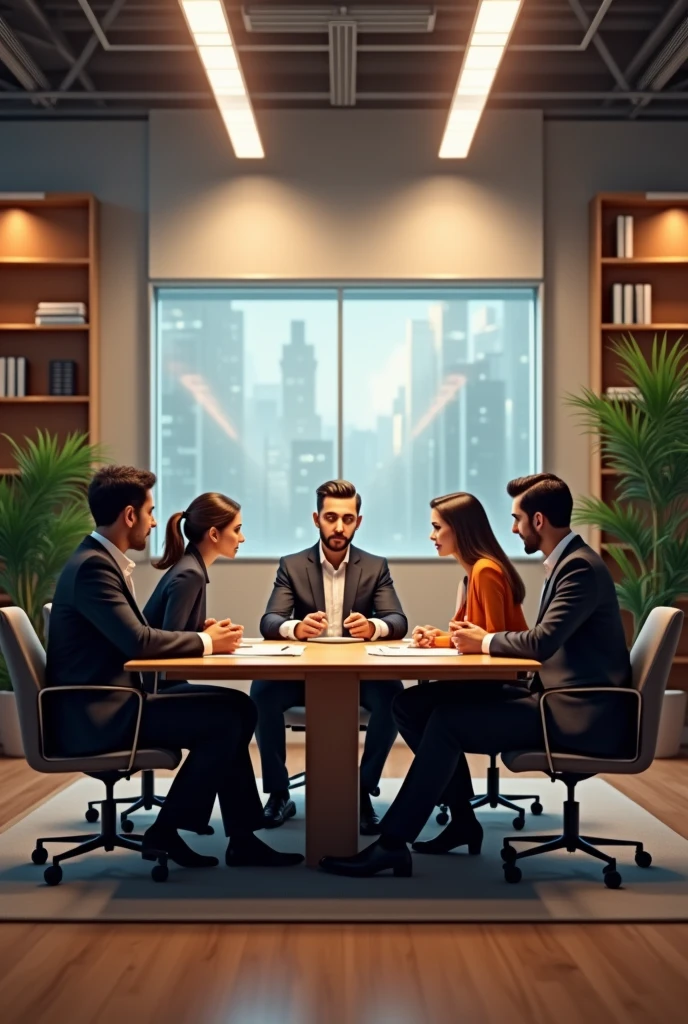  Office of a company. There is a meeting table with chairs around it. JOEL, LEADER, He is sitting at the table, while Joseph (man), Bianca (women) and Alexa (women) There are four employees, son 1 man 2 womenes en total
