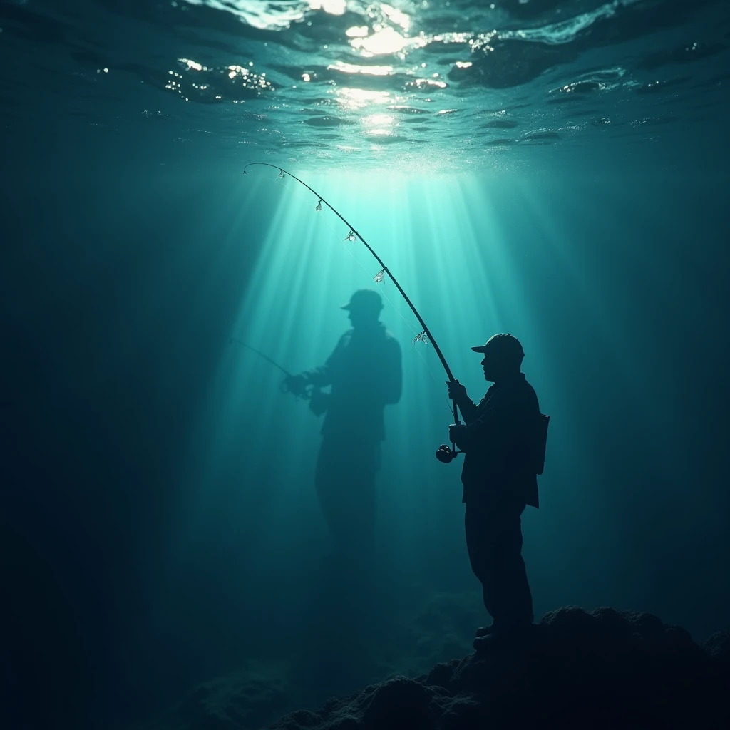 Looking up from under water, the surface of the water looking up is shaking, the shadow of a fisherman,