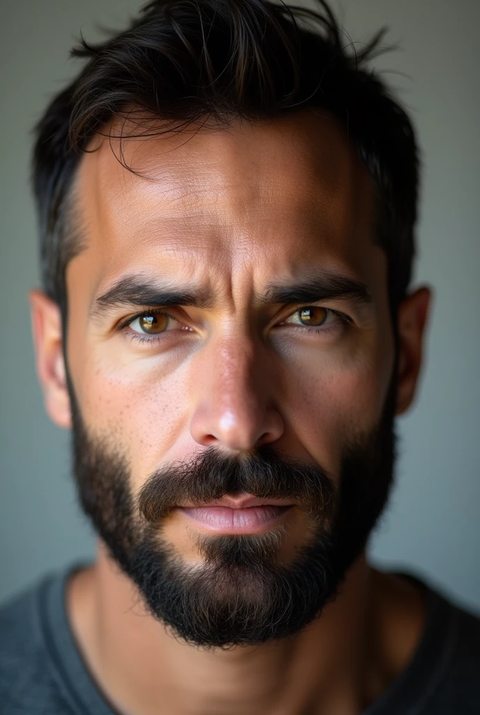 Front profile photo of a man with a beard and short dark brown hair and dark brown eyes aged 30 years old