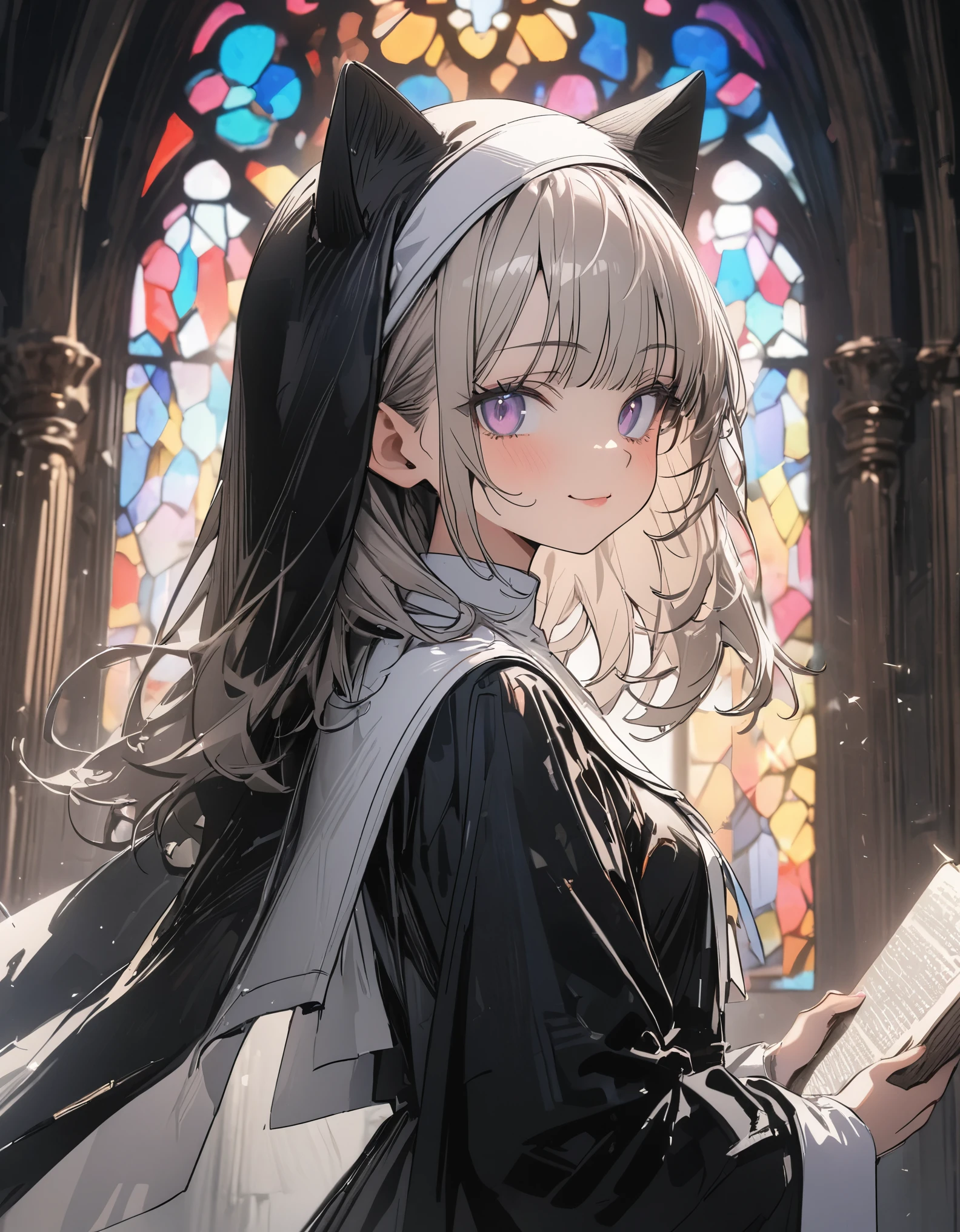 ((Masterpiece)), ((best quality)), (sketch), from side, ((wide shot)), (super detail:1.2), (High Definition:1.3), ((extremely detailed)), (8K), (Professional Photography:1.2), (very aesthetic:1.2), (absurdres:1.2), perfect anatomy, intricate details, (sharp focus), (perfect light), (drop shadow), ((1girl)), (()), looking at viewer, cute teenage girl, (platinum-gold hair), (loose blunt bangs), (medium hair), slightly unruly hair, (put on cat ears), Healthy skin, small breast, (Healthy slim body), (:3), (smug), (cute cheeks), glossy lips, pouty lips, bags under the eyes, (lower eyelashes), tilt head to the side, BREAK, ((wearing nun's habit)), cute wimple, (pale purple eyes), (glitter eyes), Bible in hand, Beautiful stained glass, (detailed background:1.2), newest, clear line, (stained-glass window background),