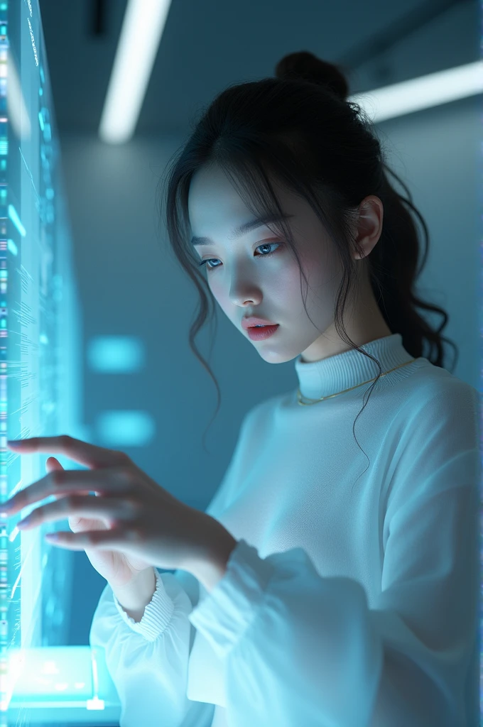 A beautiful girl discribe some new technology