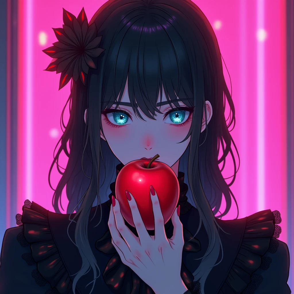 sexy, young male, with black long hair, teal blue eyes, delicate facial features, and pale and white skin. frilly Gothic clothes. anime style. blood. his eyes look soulless. eating a red apple. (Cyberpunk) (pink and purple shading) male
