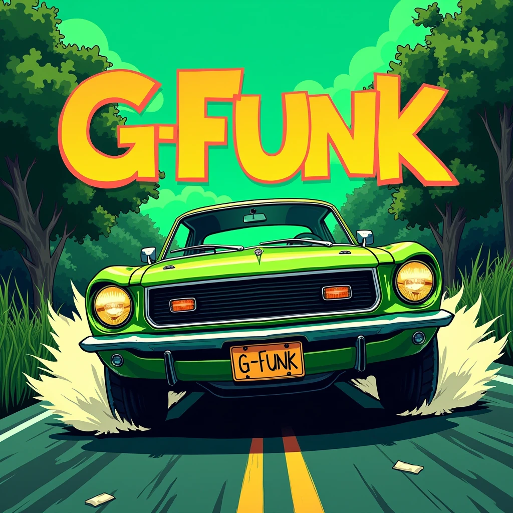 G - Funk album cover, car coming out, green background, car green, car license plate in English G - FUNK, like a playful Hood hip hop album