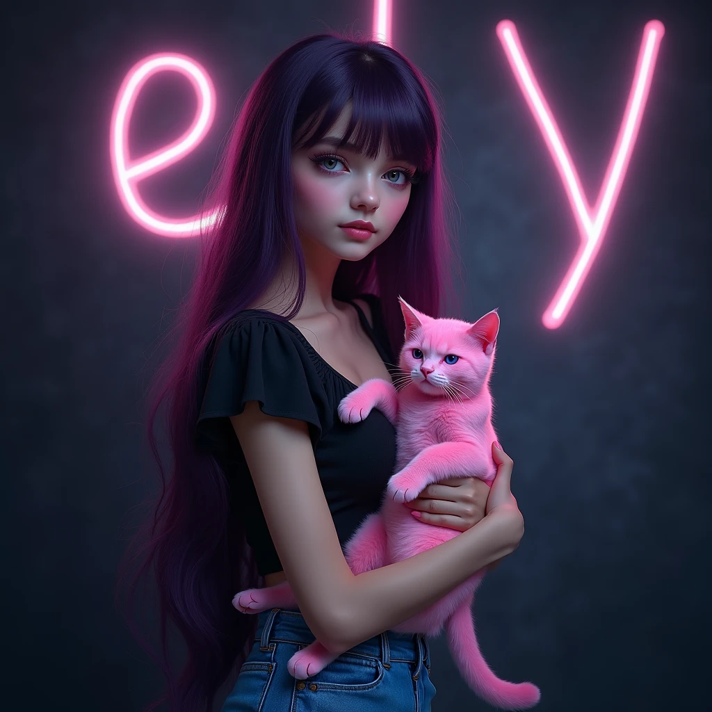 background has a BIG name reading “ELY”, dark violet eyes, long hair, holding a cute PINK cat, 23 year old woman, BLACK top and BLUE skirt, highest image quality, cute background ethereal, shining eyes, extremely big breasts, european woman, REALISTIC image