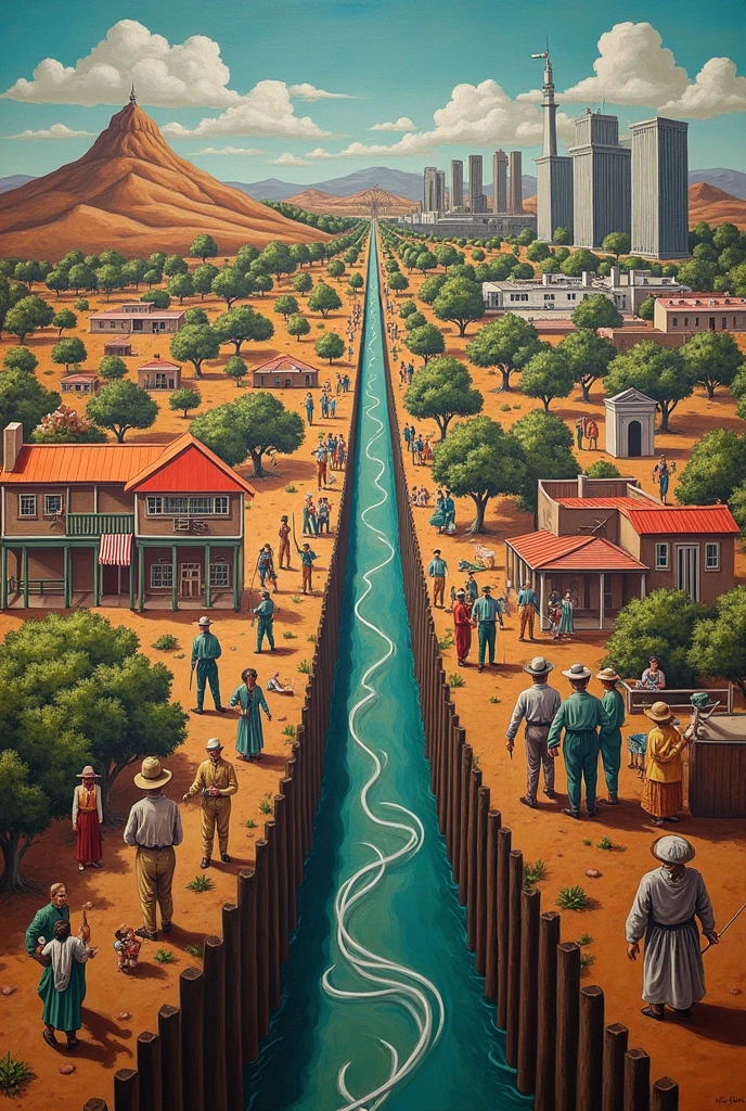 Create a horizontal drawing that represents the border between Mexico and the United States..UU. and the class difference as if it had been done by Diego Rivera
