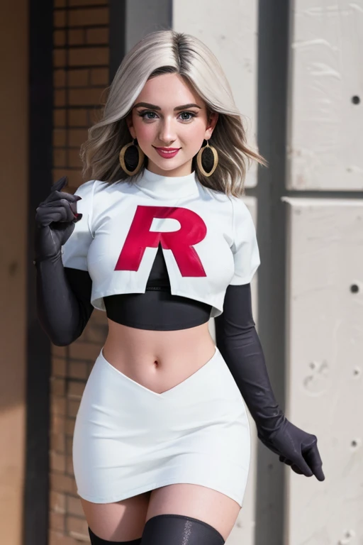 The face of Zoe Quinn, 1girl, solo, Team rocket, team rocket uniform, red letter R, white skirt,white crop top,black thigh-high boots, black elbow gloves, evil smile, earrings, large breasts, sexy pose
