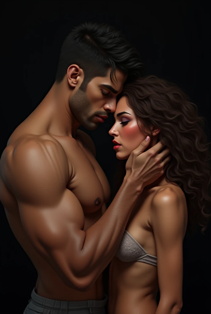A couple desperately in love together. Show only up to the chin of both, with a dark-haired man's hand on the woman's neck, both sweaty and flushed. The man must look bad, Cao Cao, Big and strong. And the fragile and short woman, looking at him with pleading eyes. The woman must be brunette, with black curly hair and wearing lingerie. The background has to be all black. Man with hand on woman's neck.