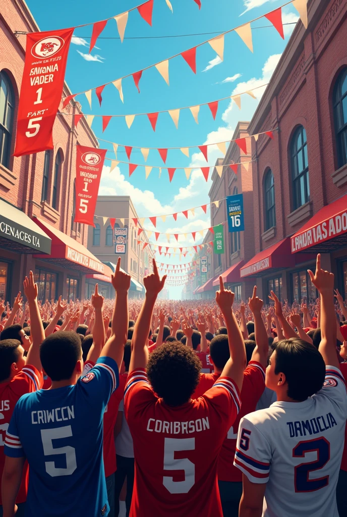 2024 NFL Season Announcement, with uniformed fans pointing upwards on a street colored in festive football-themed colors. Writing starts on September 5th.