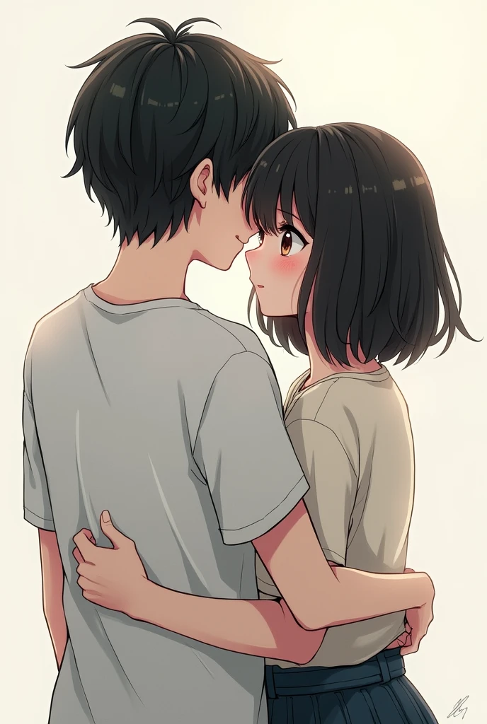 a couple, A boy with black hair, black eyes and glasses and the girl with shoulder-length black hair, with brown eyes , that they have their backs, Very realistic drawing style
