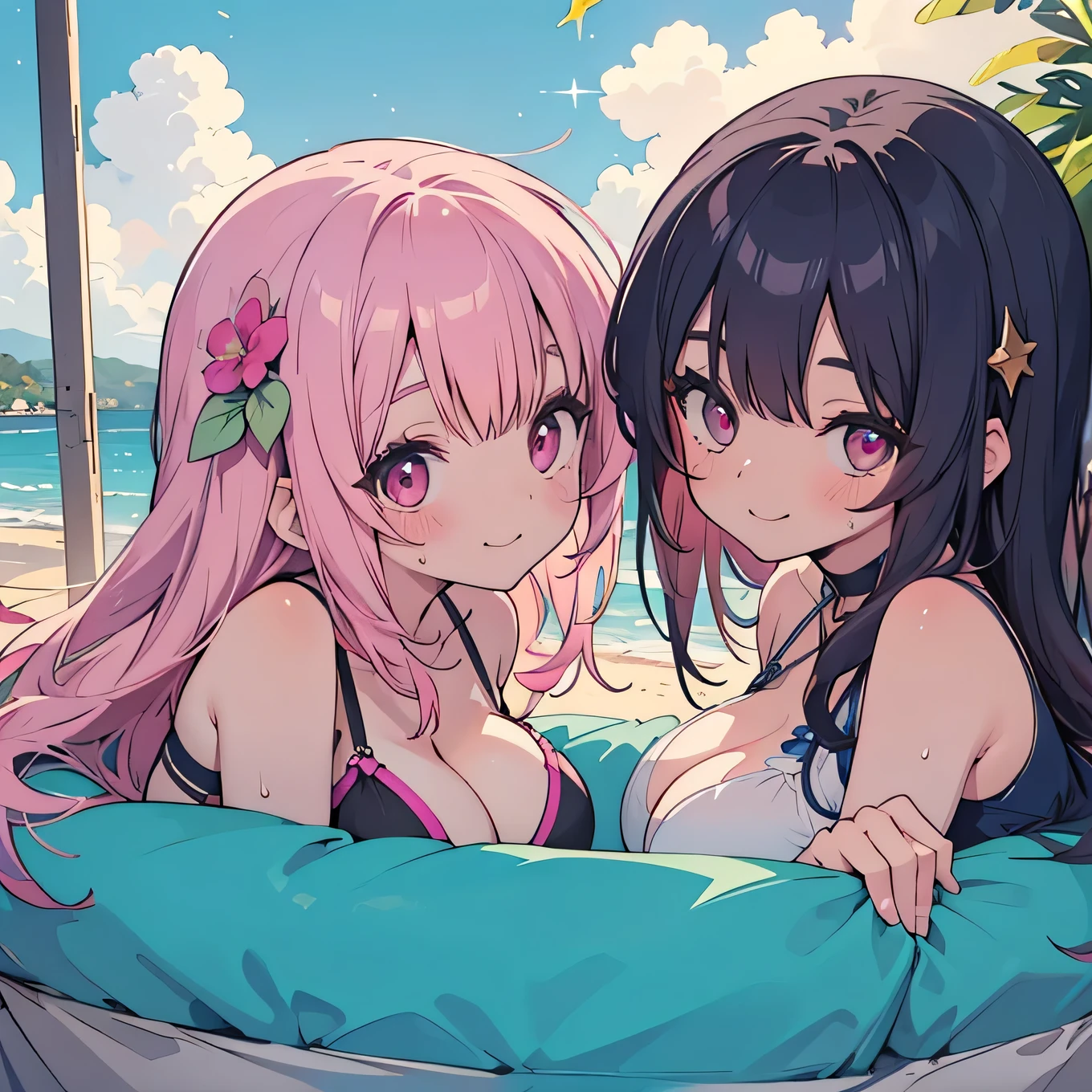 Anime-style illustrations, Lofi Art Style, Anime illustration(flying debris), (Highest quality), Very detailed, ((2 people)), Focus Only，dynamic，((smile))，Perfect Face, Beautiful Face, Very detailedな顔，(Pink long hair_Pink Eyes:1.3)，Swimwear，Idle only，Gorgeous hair ornament,smile，Large Breasts，Sandy Beach，Underarm、Sweat、look up，smile,blush,People around me々，alone, 2 peopleの、Large Breasts, Sparkle Effect, 