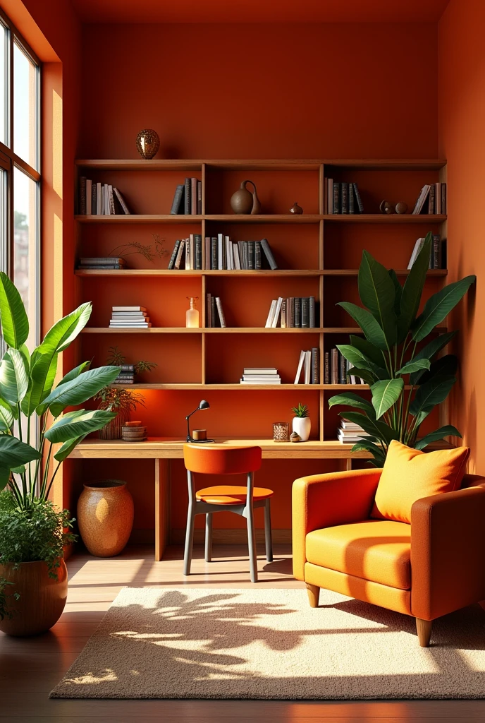 Decoration in Fire colors. Interior design. Living room bookcase desk armchair light plants sun
