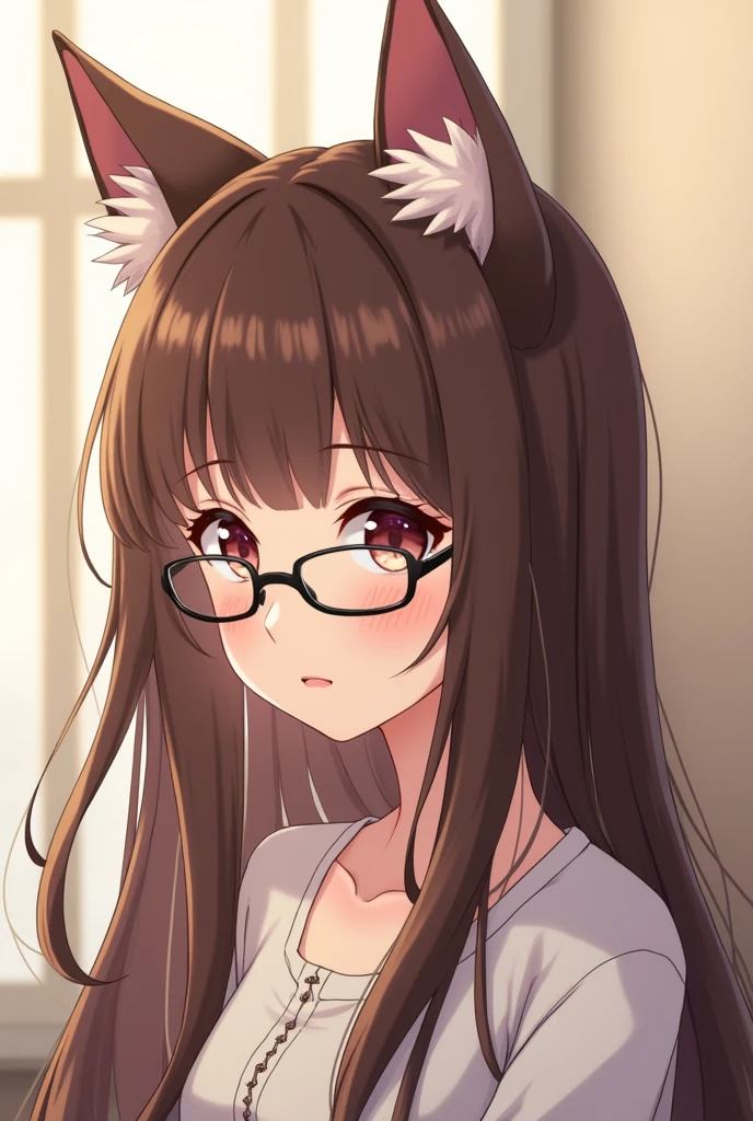 Anime girl with cat ears, long brown hair and glasses