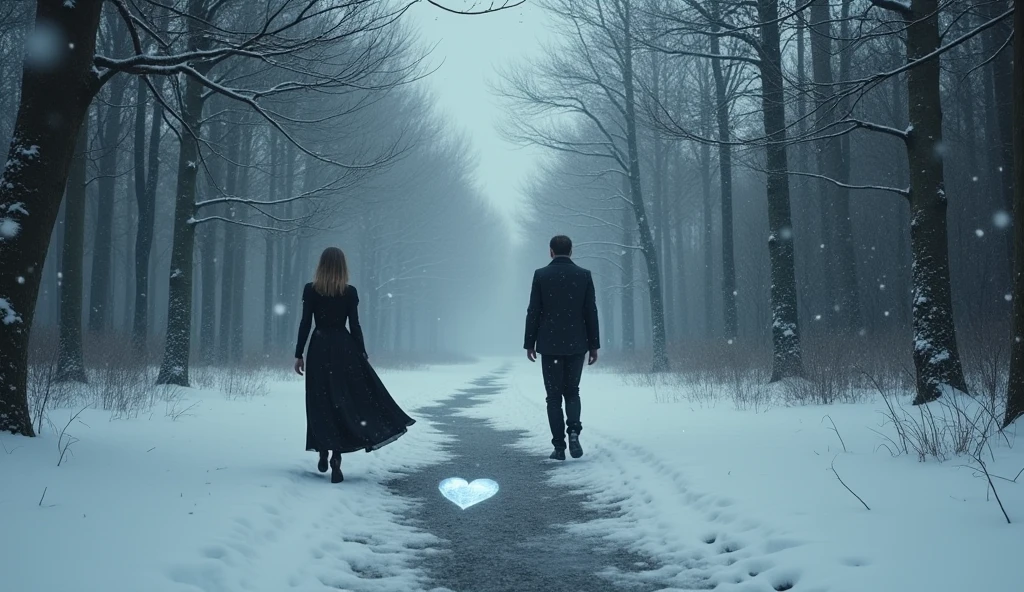 SCENE split in half, one by day and one by dark night, IN COLD GREY TONES, WITH A MELANCHOLIC THEME OF A WOODED LANDSCAPE WITH A GREY SKY AND A SNOWSTORM, IN THE FOREGROUND A TRANSLUCENT ICE HEART BREAKEN ON THE GROUND, AN ELEGANTLY DRESSED ITALY WOMAN IN PROFILE WALKING AWAY FROM THE CENTER OF THE SCENE TO THE LEFT, AN ELEGANTLY DRESSED ITALY MAN IN PROFILE WALKING AWAY FROM THE CENTER OF THE SCENE TO THE RIGHT, WHILE SNOWFLAKES FALL