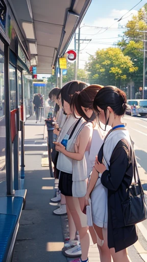 Lining up at the bus stop、naked