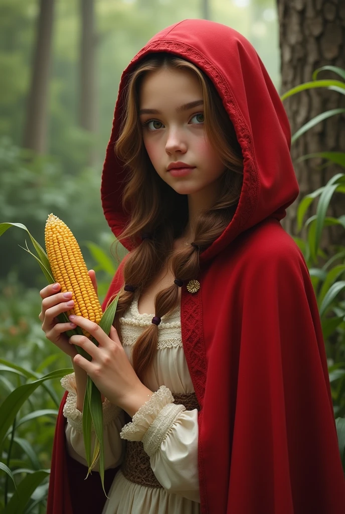 A young lady like Little Red Riding Hood with a corncob in her hand 