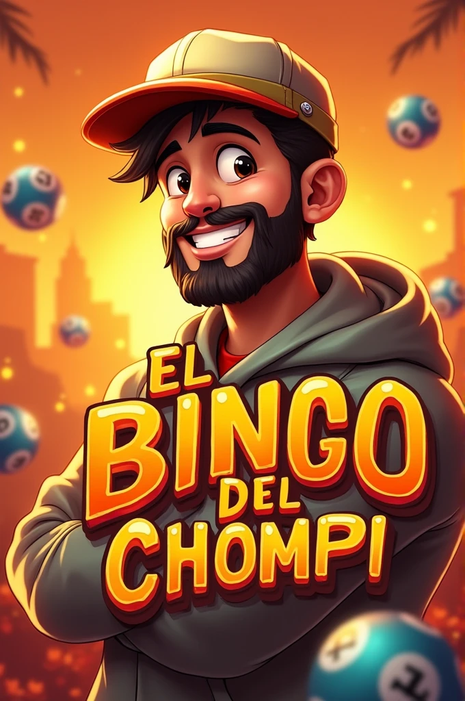 I need an Instagram post promoting a virtual bingo called “El bingo del Chompi” with orange colors, yellow and brown The owner of the bingo is a young man with a cap