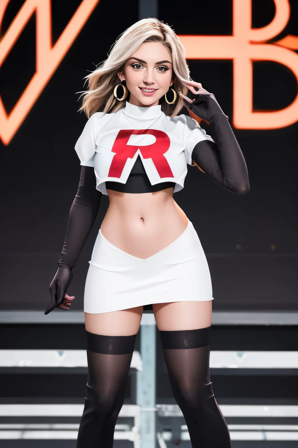 The face of Julia Michaels, 1girl, solo, team rocket,team rocket uniform,white skirt,red letter R,crop top,black thigh-highs,black elbow gloves, earrings, large breasts,