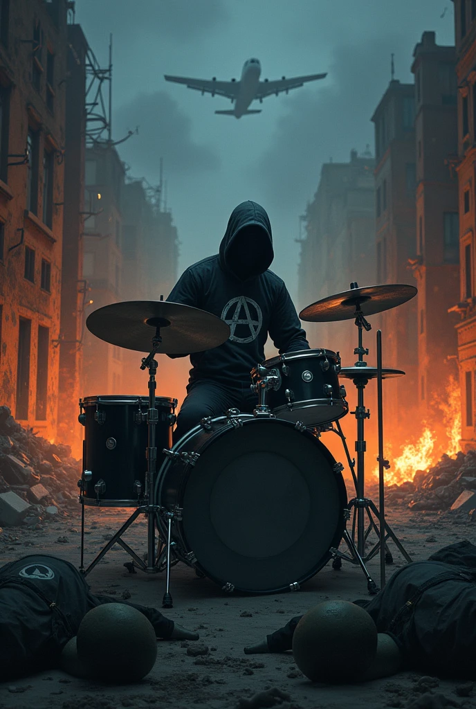 Drummer playing in hoodie wearing black outfit with anarchy symbol, hidden face, down the street of the war torn city at night, fire and smoke, warplanes crossing the sky, bodies of soldiers lying in front of the ground
