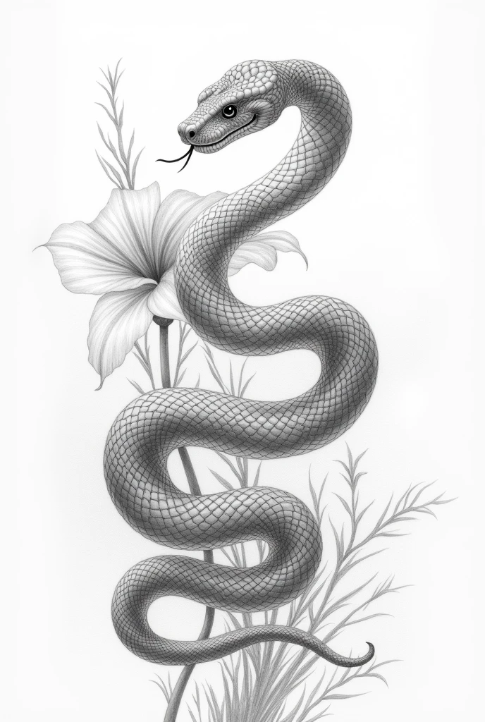 Draw a python snake with a flower in Chinese style in pencil