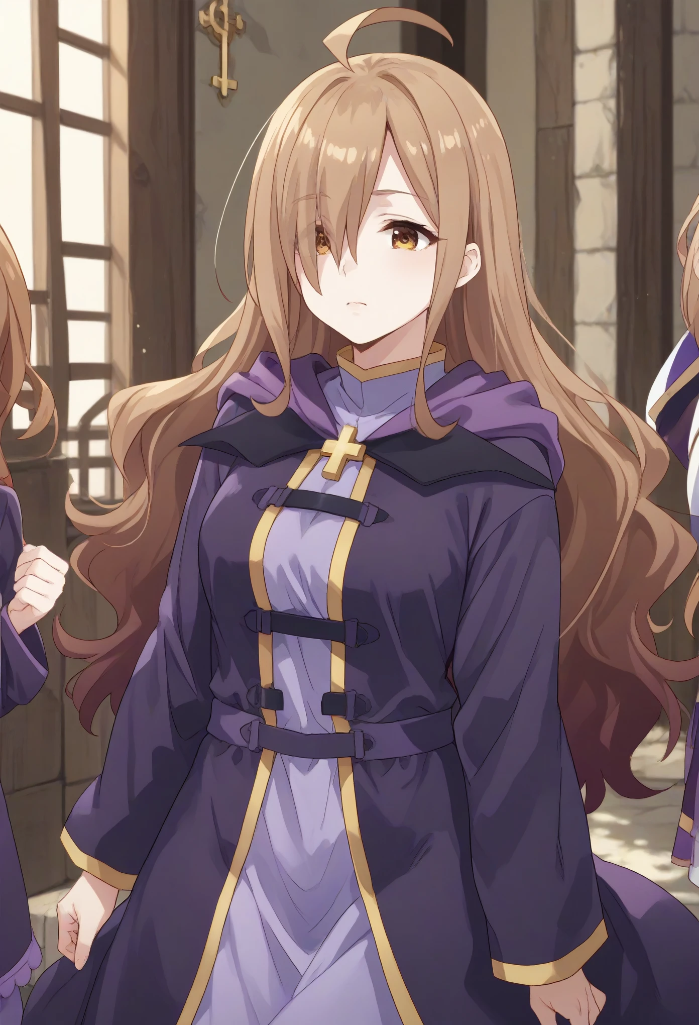 wiz, ahoge, brown eyes, light brown hair, hair over one eye, long hair,
cross, dress, hood, hood down, jewelry, latin cross, long dress, long sleeves, purple dress, robe, purple robe,