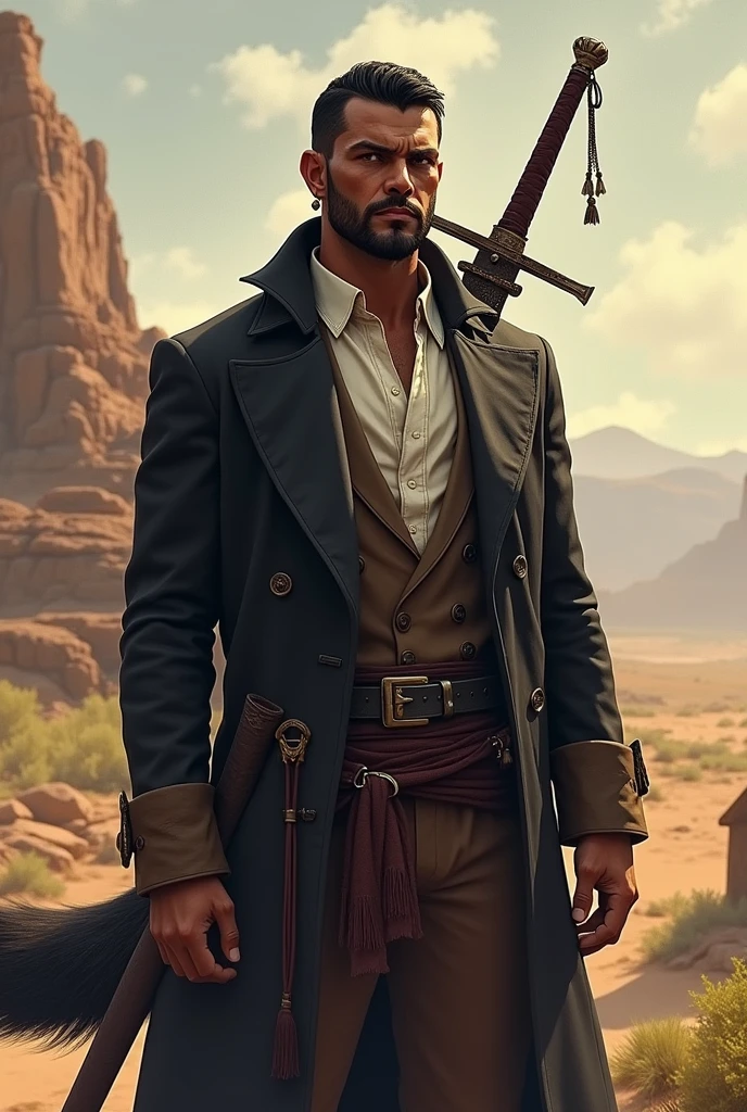 He is a tall indigenous man, 2 meters tall, with a square face and short dark hair and a beardless face with a smooth face. His eyes are wolf-like and one of them is closed with pointy ears with earrings. He wears a dark black overcoat with a white shirt underneath in the style of formal wear and has a strong physique and a wolf's tail. A large sword is strapped to his back. I would like the art in a fantasy RPG style. In the Old West